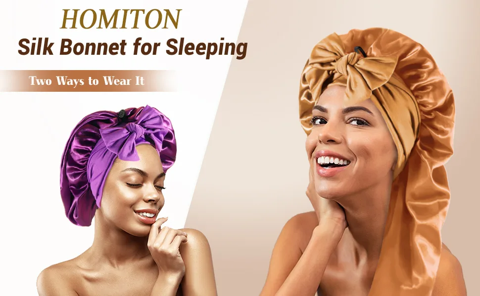 Homiton 2Pcs Silk Bonnet Long Braids Bonnet with Elastic Tie Band Satin Curly Hair Bonnet for Sleeping (Black+Purple) - 1111111