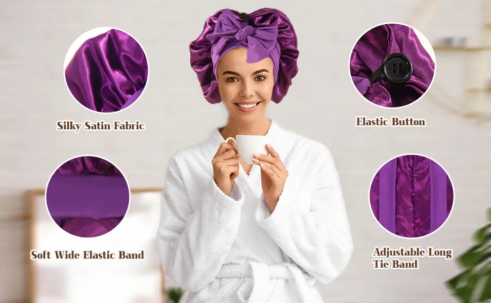 Homiton 2Pcs Silk Bonnet Long Braids Bonnet with Elastic Tie Band Satin Curly Hair Bonnet for Sleeping (Black+Purple) - 22222