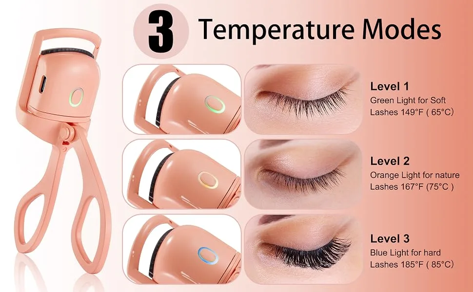 Heated Eyelash Curler  USB Rechargeable Heated Eye Lash Curler with Eyelash Applicator Tool and Lash Comb 3 Heating Modes Quick Natural Curling Eye Lashes for Long Lasting- Orange - electric eyelash curler,eyelash curler with built in comb,eyelash curler heated