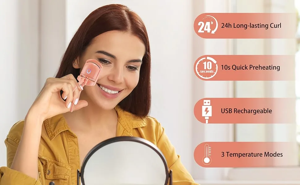 Heated Eyelash Curler  USB Rechargeable Heated Eye Lash Curler with Eyelash Applicator Tool and Lash Comb 3 Heating Modes Quick Natural Curling Eye Lashes for Long Lasting- Orange - eyelash comb,eye lash curler,eyelash curlers with comb