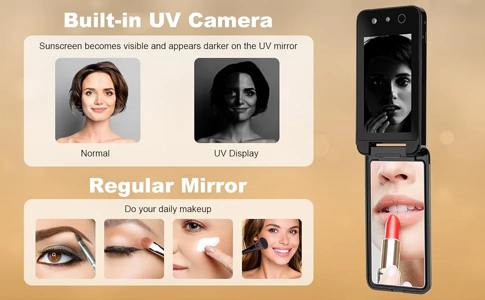 Compact & Portable UV Mirror  Travel Makeup Mirror with UV Camera for Testing Sunscreen  4 Inch Rechargeable Vanity Mirror Handheld Double-Sided Pocket Mirror for Skin Protection Black - compact mirror