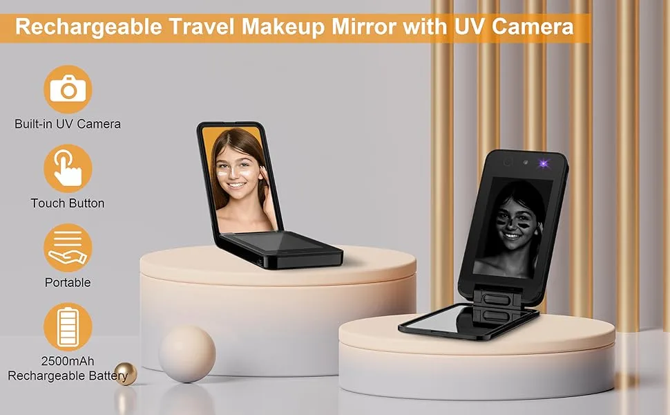 Compact & Portable UV Mirror  Travel Makeup Mirror with UV Camera for Testing Sunscreen  4 Inch Rechargeable Vanity Mirror Handheld Double-Sided Pocket Mirror for Skin Protection Black - UV Mirror