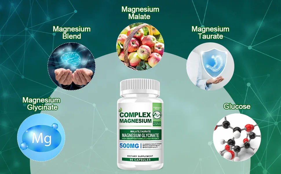 Magnesium Complex Capsules 500MG  Blend with Magnesium Glycinate  L-threonate  Taurate  Malate  and Glucose - 90 Capsules - magnesium