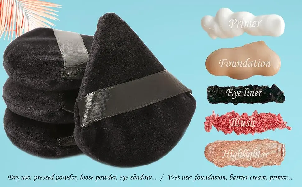 NIACONN 4 Pcs Soft Velour Triangle Powder Puff + 4 PE Boxes  Reusable Makeup Setting Powder Puffs for Face Powder (Black) M-4pc-Triangle Black - Black Powder Puff