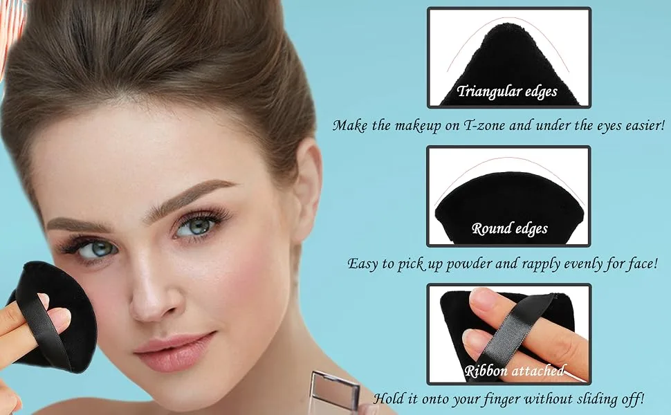 NIACONN 4 Pcs Soft Velour Triangle Powder Puff + 4 PE Boxes  Reusable Makeup Setting Powder Puffs for Face Powder (Black) M-4pc-Triangle Black - Setting Powder Puff