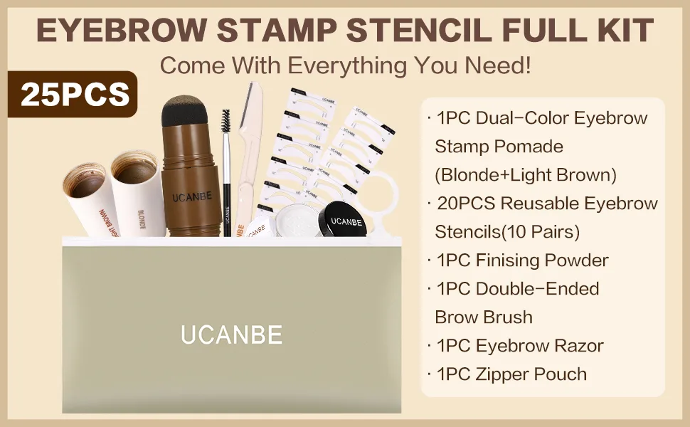 UCANBE 25PCS Eyebrow Stamp Stencil Kit With Dual-Color Eyebrow Stamp Pomade  20 Reusable Eyebrow Stencils  Finising Powder  Double-Ended Brush  Eyebrow Razor  Zipper Pouch  Long Lasting Waterproof Eye Brow Stamping and S... - eyebrow stamp stencil kit