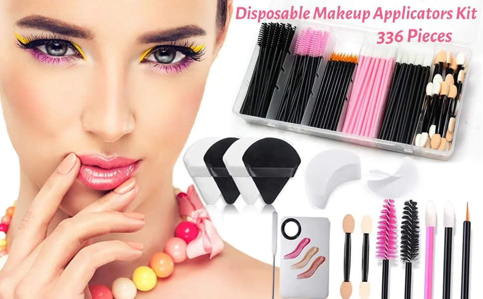 Disposable Makeup Applicators Kit Include Triangle Makeup Puff  Makeup Mixing Palette with Foundation Spatula  Eyeliner Brushes  Mascara Wands  Disposable Lip Applicators  Eyeshadow Applicators  Eye Shadow Shields  Makeu... - Disposable Makeup Applicators Kit
