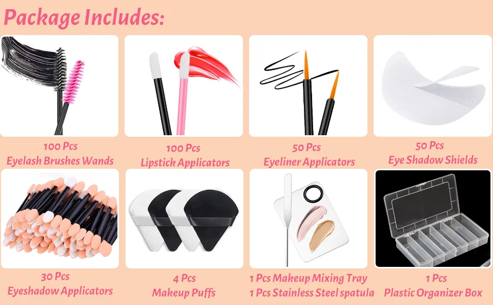 Disposable Makeup Applicators Kit Include Triangle Makeup Puff  Makeup Mixing Palette with Foundation Spatula  Eyeliner Brushes  Mascara Wands  Disposable Lip Applicators  Eyeshadow Applicators  Eye Shadow Shields  Makeu... - Makeup Acessories Tools Kit