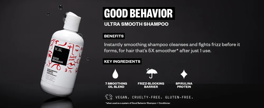 IGK GOOD BEHAVIOR Ultra Smooth Shampoo | Frizz Control + Hydrates + Shine | Vegan + Cruelty Free | 8 Ounce - IGK Good Behavior Ultra Smooth Shampoo