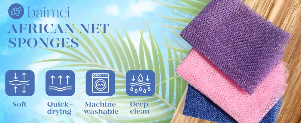 BAIMEI 3 Pieces African Net Sponge Bath Sponge Exfoliating  Long Body Scrubber for Skin Clean (Pink  Purple  Blue) - Pieces African Net Sponge Bath Sponge