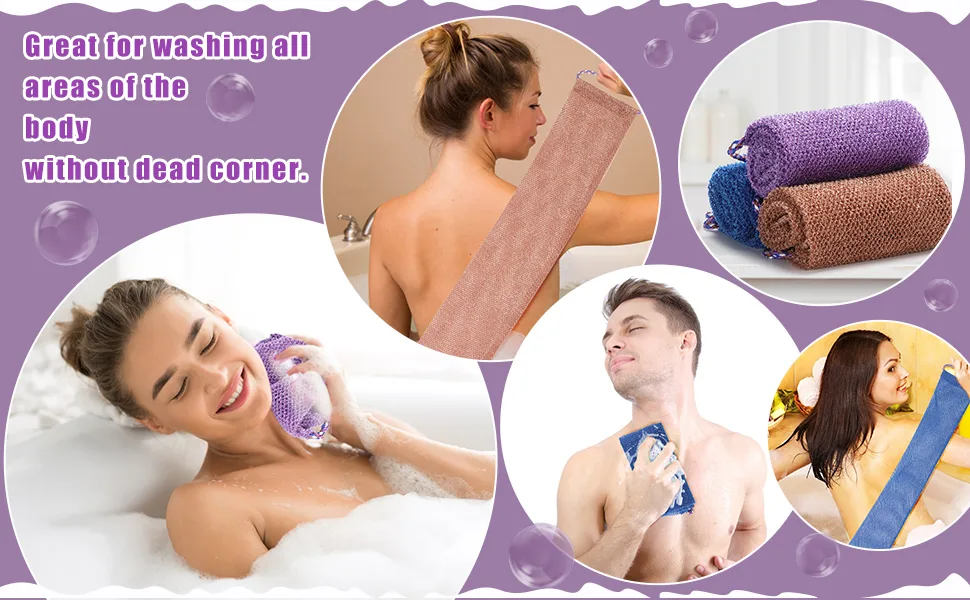 3 Pieces African Exfoliating Sponge  African Bathing Back Scrubbers  Shower Net Body Scrubber with Pull Strap (Blue Purple Coffee) - African exfoliating bath net