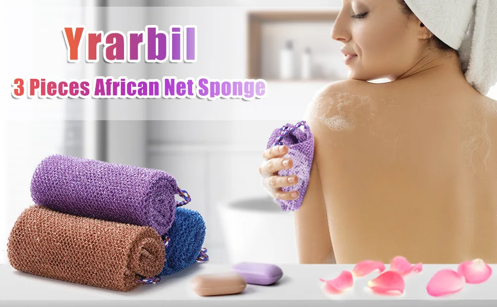 3 Pieces African Exfoliating Sponge  African Bathing Back Scrubbers  Shower Net Body Scrubber with Pull Strap (Blue Purple Coffee) - African sponge bath net