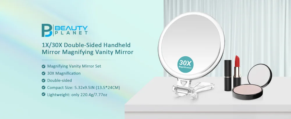 B Beauty Planet 30X Magnifying Mirror  Two Sided Mirror  30X/1X Magnification  Folding Makeup Mirror with Handheld/Stand Use for Makeup Application  Tweezing  and Blackhead/Blemish Removal. 5IN. - Magnifying mirror 30x, it