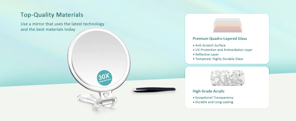 B Beauty Planet 30X Magnifying Mirror  Two Sided Mirror  30X/1X Magnification  Folding Makeup Mirror with Handheld/Stand Use for Makeup Application  Tweezing  and Blackhead/Blemish Removal. 5IN. - Magnifying mirror 30x, it