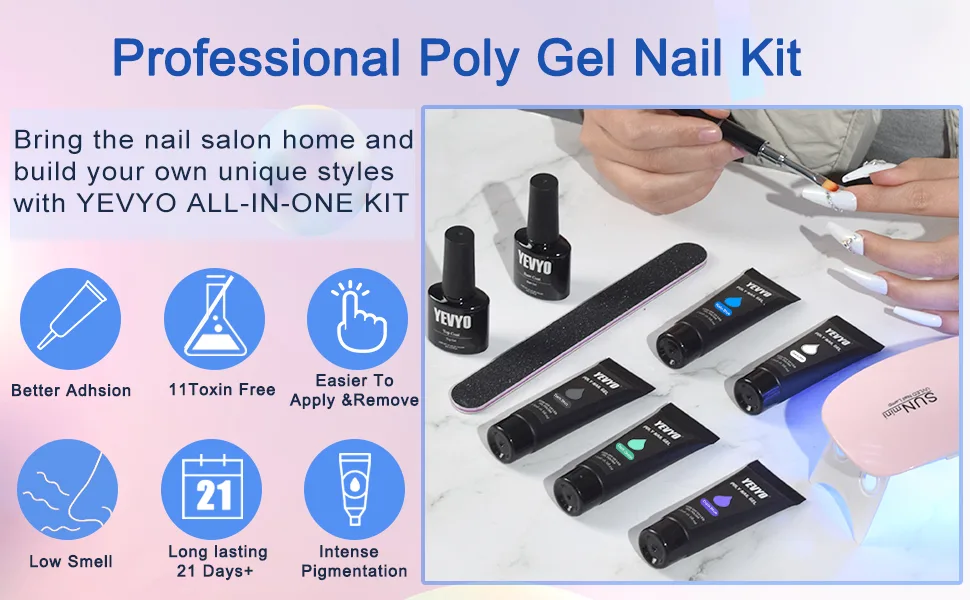 Poly Gel Nail Kit  6 Poly Nail gel Colors With Nail Lamp  Nail Extension Kit With Slip Solution Top Base Coat Builder Nails Art Tools For Beginners - product information 3