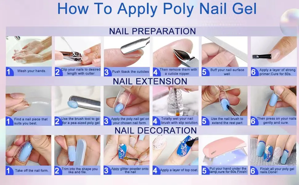 Poly Gel Nail Kit  6 Poly Nail gel Colors With Nail Lamp  Nail Extension Kit With Slip Solution Top Base Coat Builder Nails Art Tools For Beginners - product information 4