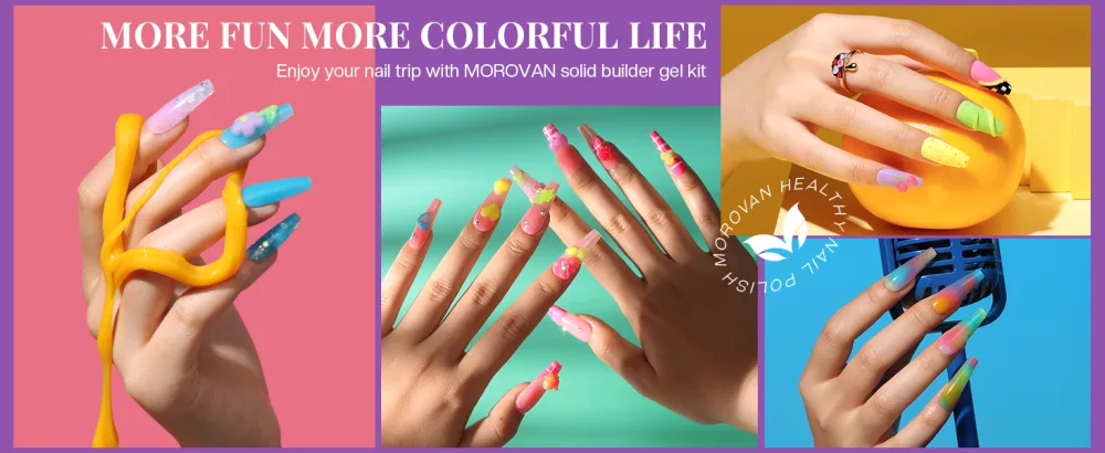 Morovan Solid Builder Gel for Nails - 6 Colors Solid Builder Gel Nail Kit Non Sticky Builder Gel For Nails Extension and 3D Structure Gel for Solid Builder Nail Gel with Base Coat Top Coat Glitter Powder Rhinestones - product information 11