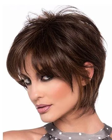 Beimer Short Pixie Cut Wigs Natural Blonde Short Curly Pixie Wig with Bangs Charming Layered Synthetic Short Hair Wigs for White Women - brown wig