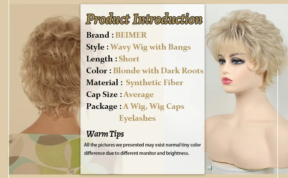Beimer Short Pixie Cut Wigs Natural Blonde Short Curly Pixie Wig with Bangs Charming Layered Synthetic Short Hair Wigs for White Women - Short Wavy Wigs for White Women