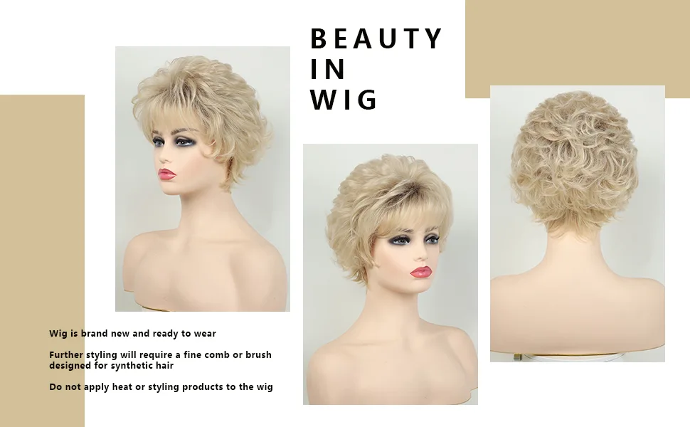 Beimer Short Pixie Cut Wigs Natural Blonde Short Curly Pixie Wig with Bangs Charming Layered Synthetic Short Hair Wigs for White Women - Short wigs for Women