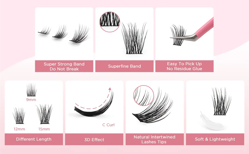Cuckoo Cluster Lashes Individual False Eyelashes Extension  DIY Eyelash Extensions  3D Fluffy Effect C Curl Mixed Length Individual Cluster Lashes(9mm*25 12mm*50 15mm*25)  100 Pcs Volume Lash Clusters Cluster Lash-01 - product information 27