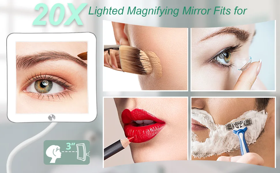 Fabuday Flexible Gooseneck 20X Lighted Magnifying Mirror  Upgraded Lighted Makeup Mirror with Magnification  LED Magnified Mirror for Bathroom  Portable Travel Mirror  Square - product information 15