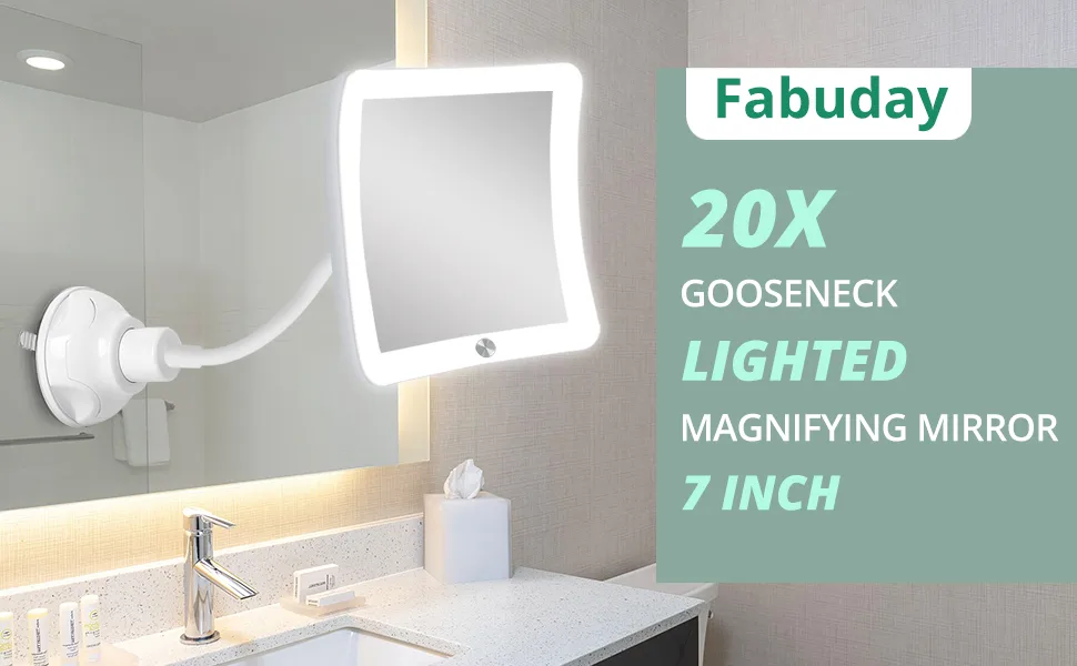 Fabuday Flexible Gooseneck 20X Lighted Magnifying Mirror  Upgraded Lighted Makeup Mirror with Magnification  LED Magnified Mirror for Bathroom  Portable Travel Mirror  Square - product information 8
