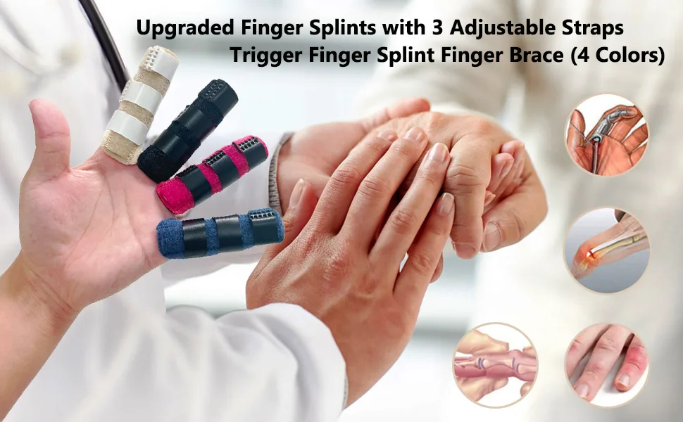 Upgraded Finger Splints (4Pcs)  Trigger Finger Splint Finger Brace with 3 Fixing Strap for Mallet Finger  Broken Finger Protector  Knuckle Immobilization  Straightening Support  Arthritis Pain Relief - Trigger Finger Splint Finger Brace