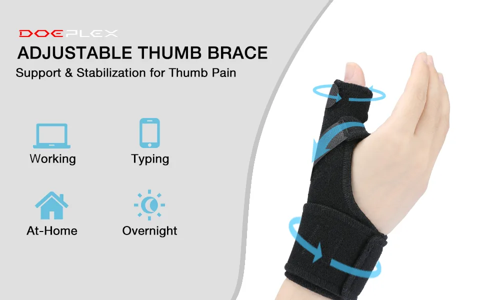 DOEPLEX Trigger Thumb Splint for Women & Men  Adjustable Thumb Spica Support Brace Stabilizer for Pain  Sprains  Arthritis  Tendonitis  One Size Fits Right or Left Hand Black - thumb brace 1