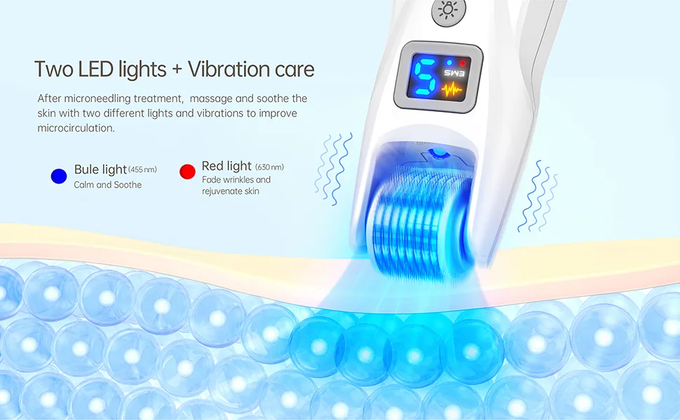 Derma Roller Microneedle Roller for Hair Growth & Face 0.25mm Micro Needling Roller 540 Titanium Microneedling 2 LED Lights with Microvibrations Care Skincare Tools for Man Women - Micro needling Roller