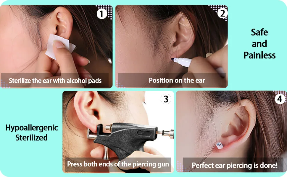 Professional Ear Piercing Kit with 36 Diamond Stud Earrings and Black Ear Piercing Gun 8 Alcohol Pad for Salon and Home Use - how to use nose piercing gun kit