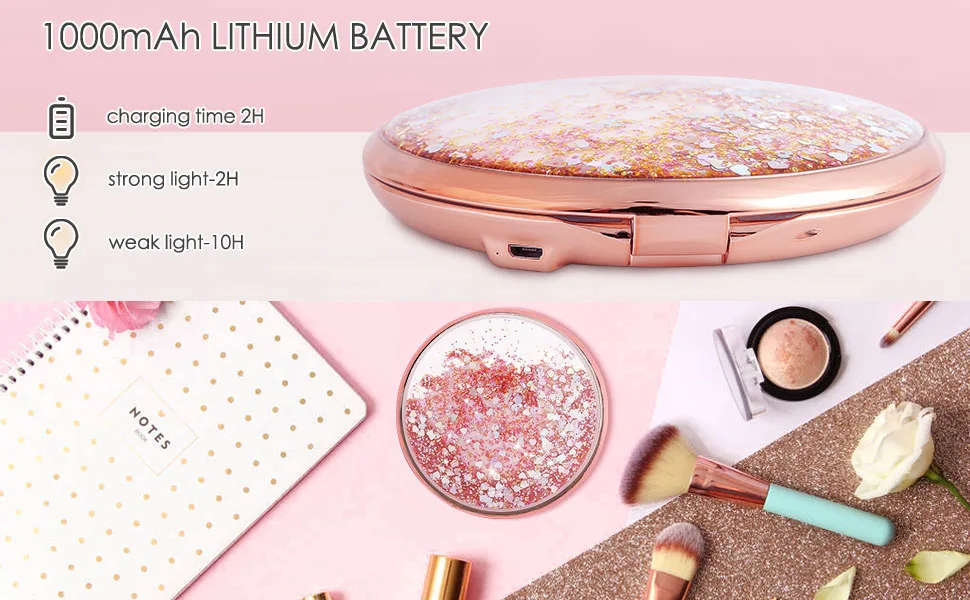 MIYADIVA Magnifying Mirror with Light 1x/25x Compact Mirror Lighted Makeup Mirror with Touch Control 5 Inch Portable Magnifying Mirror with Lights for Home and Outdoors - 20x Magnifying Mirror, 5 Inch Compact Travel Mirror, Liquid Bling Portable Close Up Mirror