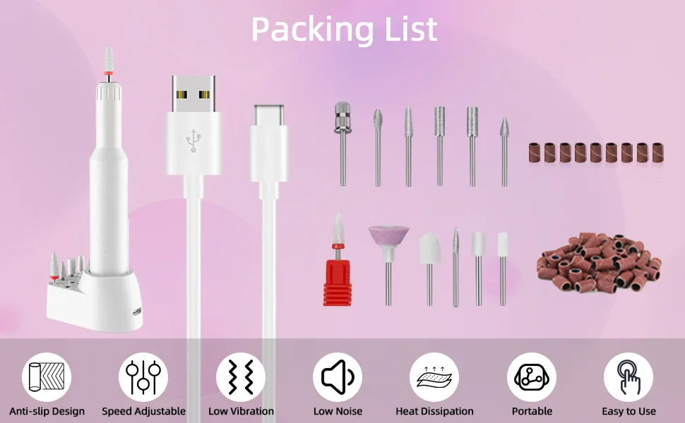 Electric Nail Drill HOMHOW Cordless Nail File Machine with Ceramic Nail Drill Bits Sanding Bands  Portable Rechargeable Manicure Polishing Kit for Acrylic Nails Grinder Manicure Pedicure Set - packing