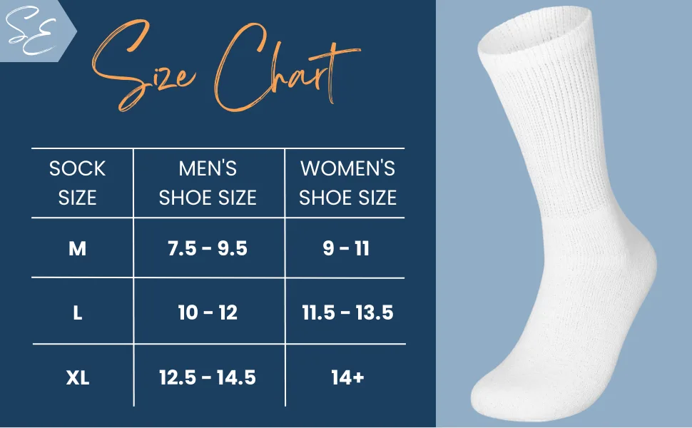 Special Essentials 3 Pairs Cotton Diabetic Crew Socks - Non-Binding Wide Top Comfort & Support for Men & Women Large White - SIZE CHART