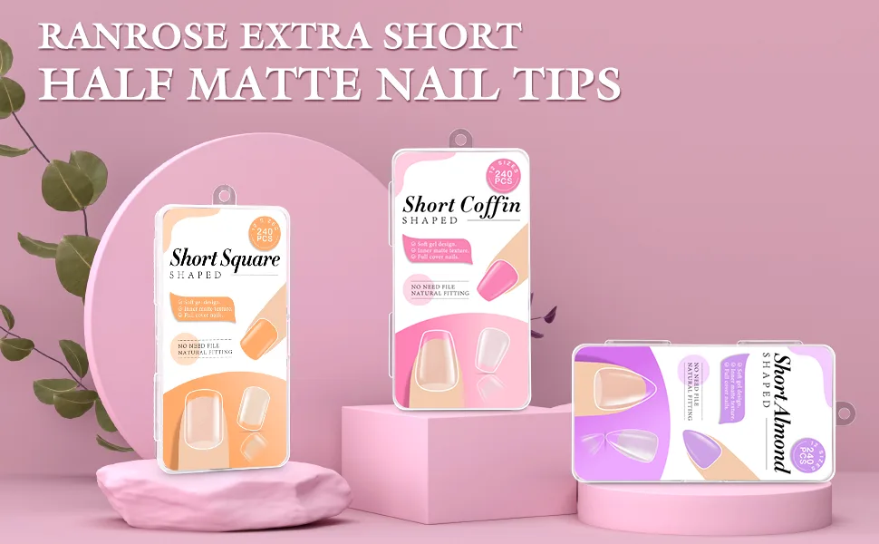 Ranrose 240PCS Short Coffin Nail Tips Half Matte Soft Gel False Tips Full Cover Coffin Shaped Nails Clear Acrylic Tips for Press On Nail Extension DIY  - ciffin nail tips