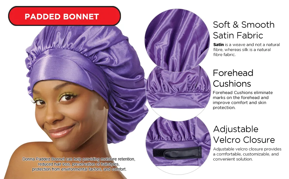 PADDED BONNET - BROWN - Padded Bonnet, Silky Satin. Forehead cushion, adjustable closure, protect hair