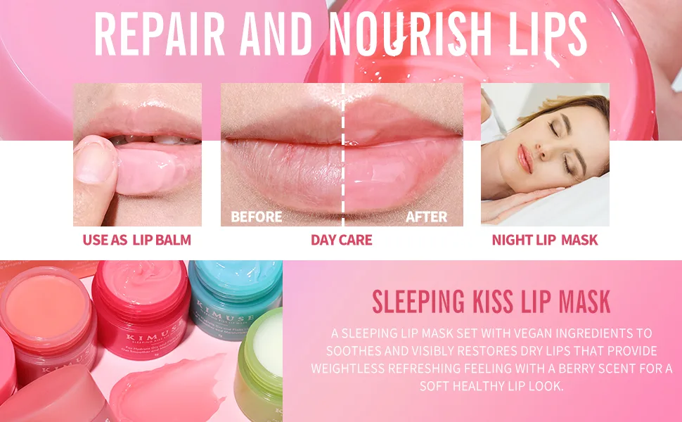KIMUSE Lip Sleeping Mask Set - Overnight Treatment Lip Care Products | Moisturize & Nourish  Cracked Dry Lips  Intense Hydration with Shea Butter - lip masks