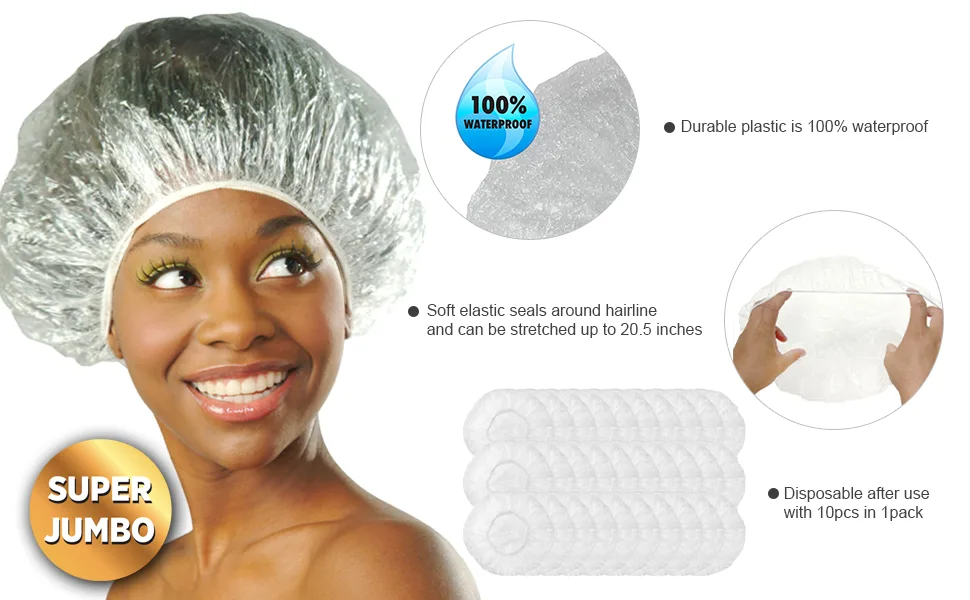 DISPOSABLE PLASTIC CAP - CLEAR 10 PC/SUPER JUMBO - donna disposable plastic cap super jumbo water proof 10pcs 3 pack bundle comfortable