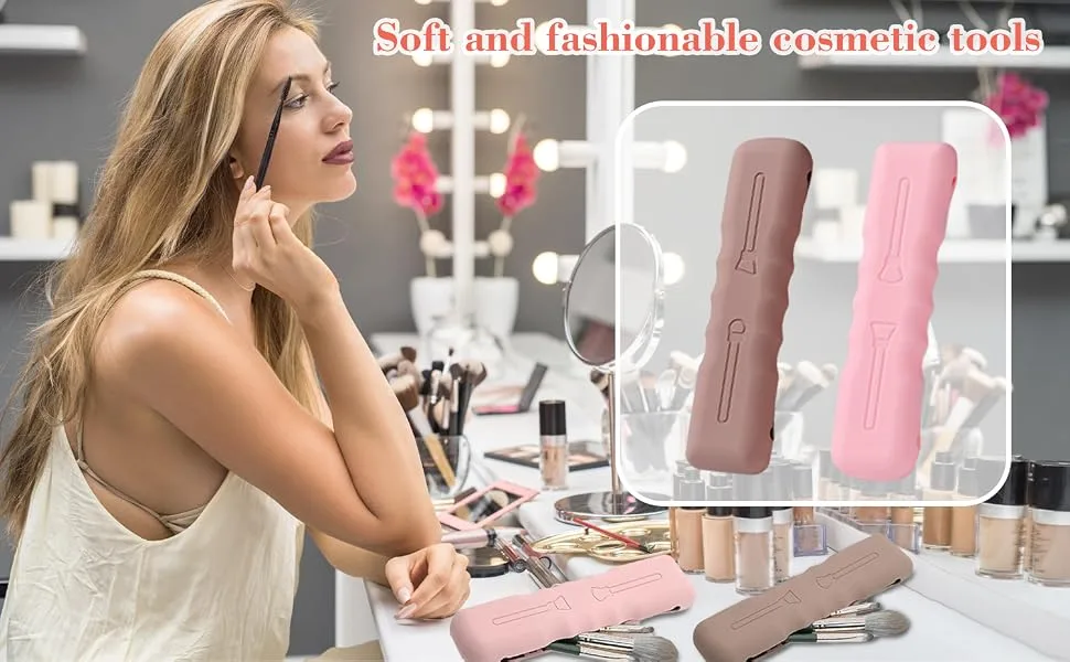 Kicpot Travel Makeup Brush Holder Silicon Makeup Brush bag and Drying net Soft and Sleek Makeup Tools Organizer for Travel (Pink&Brown) - small makeup bag