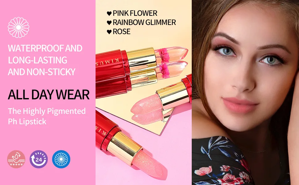 KIMUSE Flower Balm PH Color Changing Lipstick  Long-Lasting Lip Balm and Lip Stain  Moisturizing Natural Lip Balm Pink Flower - color changing lip gloss