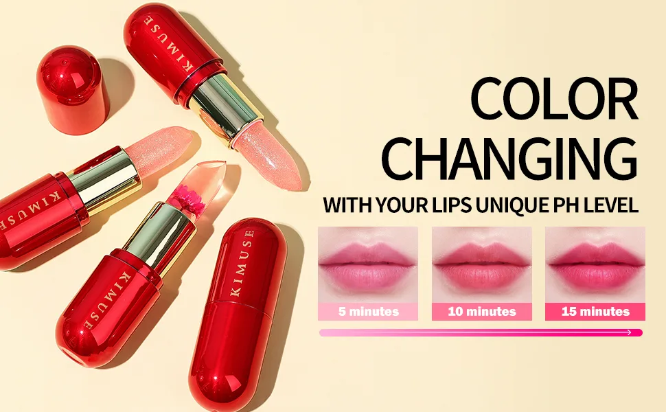 KIMUSE Flower Balm PH Color Changing Lipstick  Long-Lasting Lip Balm and Lip Stain  Moisturizing Natural Lip Balm Pink Flower - ph lip balm
