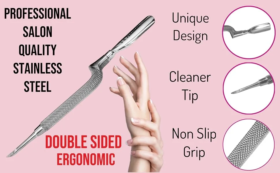 1pc Comfort Hold Easy Grip Ergonomically Angled Curved Cuticle Pusher Tool Heavy Duty 5 Double Ended Pusher & Cleaner - Premium Pakistan Stainless Steel - cuticle pusher 1