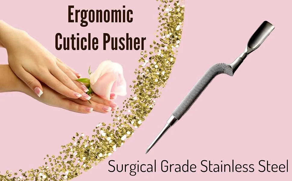 1pc Comfort Hold Easy Grip Ergonomically Angled Curved Cuticle Pusher Tool Heavy Duty 5 Double Ended Pusher & Cleaner - Premium Pakistan Stainless Steel - cuticle pusher 2