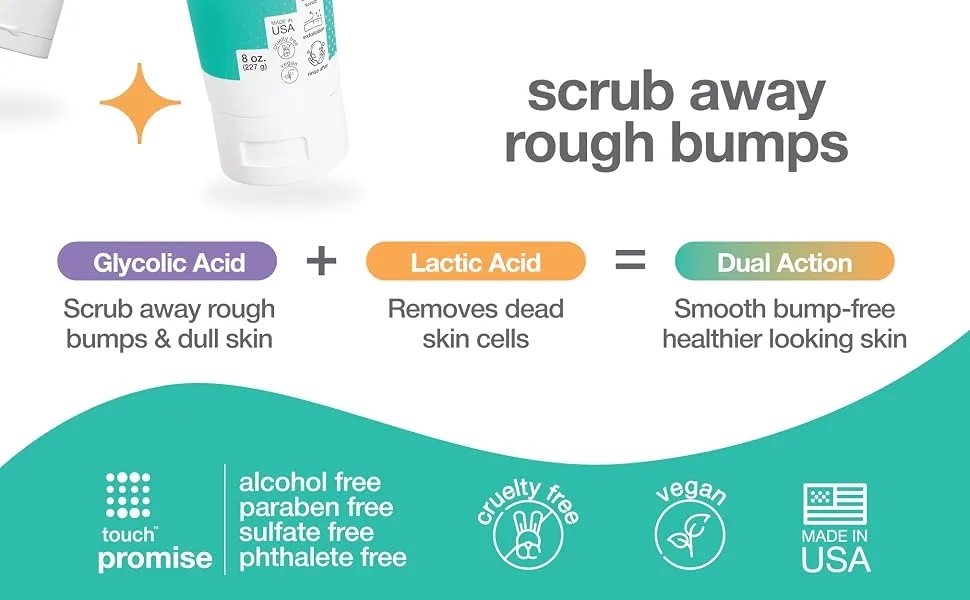 Touch KP Scrub Bumps Away Exfoliating Rough & Bumpy Skin Body Scrub for Keratosis Pilaris with 10% AHA - 8 oz - KP Scrub - Key Ingredients