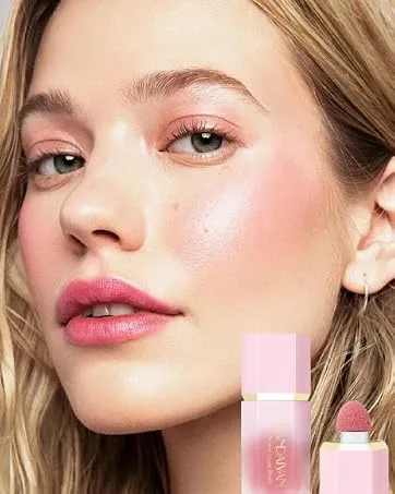 Soft Cream Liquid Blush  Makeup Blush for Cheeks Lightweight Natural Blush Stick with Cushion Applicator Silky Smooth Skin Moisturizing (swipe right) - cream pink blush