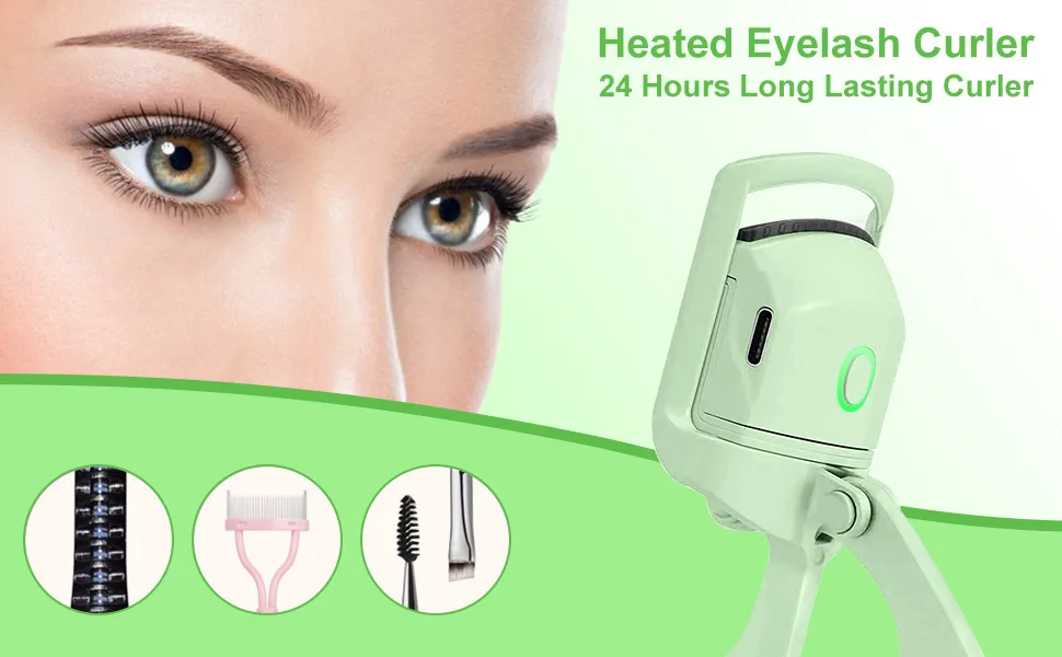                  Heated Eyelash Curlers-Eyelash Curler 24 Hour Long-Lasting Natural Curl USB Rechargeable with 2 Heating Modes with Sensing Heated Silicone Pad (Green) - product information 1
