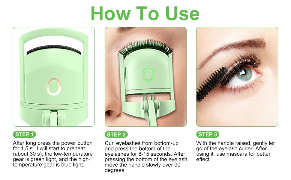                  Heated Eyelash Curlers-Eyelash Curler 24 Hour Long-Lasting Natural Curl USB Rechargeable with 2 Heating Modes with Sensing Heated Silicone Pad (Green) - product information 3