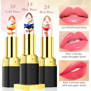 Bekoeen 3 Pcs/Set Flower Jelly Lipstick Set Temperature Change Moisturizer flower Lip Stick Long Lasting Nutritious Lip Balm Magic Color Change Lip Gloss - COLOR CHANGE LIPSTICK