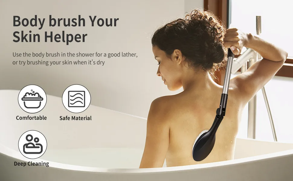 EASACE Body Brush for Back  Long Handle Bath Brush for Showering  Adjustable Head Back Scrubber  Shower Brush with Soft Bristles for Wet or Dry - body brush