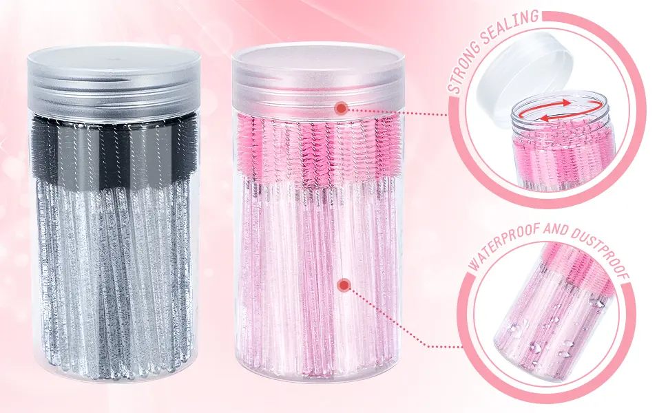 G2PLUS 100PCS Crystal Mascara Wands  Pink Disposable Eyelash Eyebrow Spoolie Brush  Eyelash Brush for Makeup  Eyelash Extensions and Eyebrow Brush with Container - eyelash spoolies